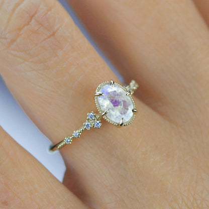 Oval moonstone and diamond engagement ring, 18k simple gold ring, unique unique moonstone ring