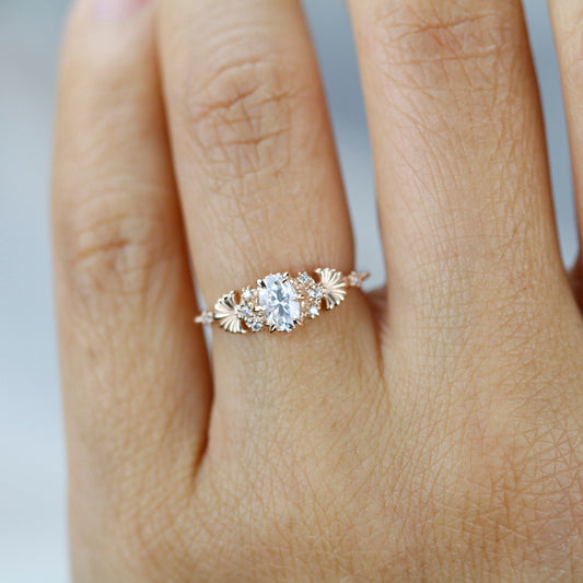 art nouveau engagement ring, oval Moissanite and diamond engagement ring, Vintage Style Art Nouveau Ring