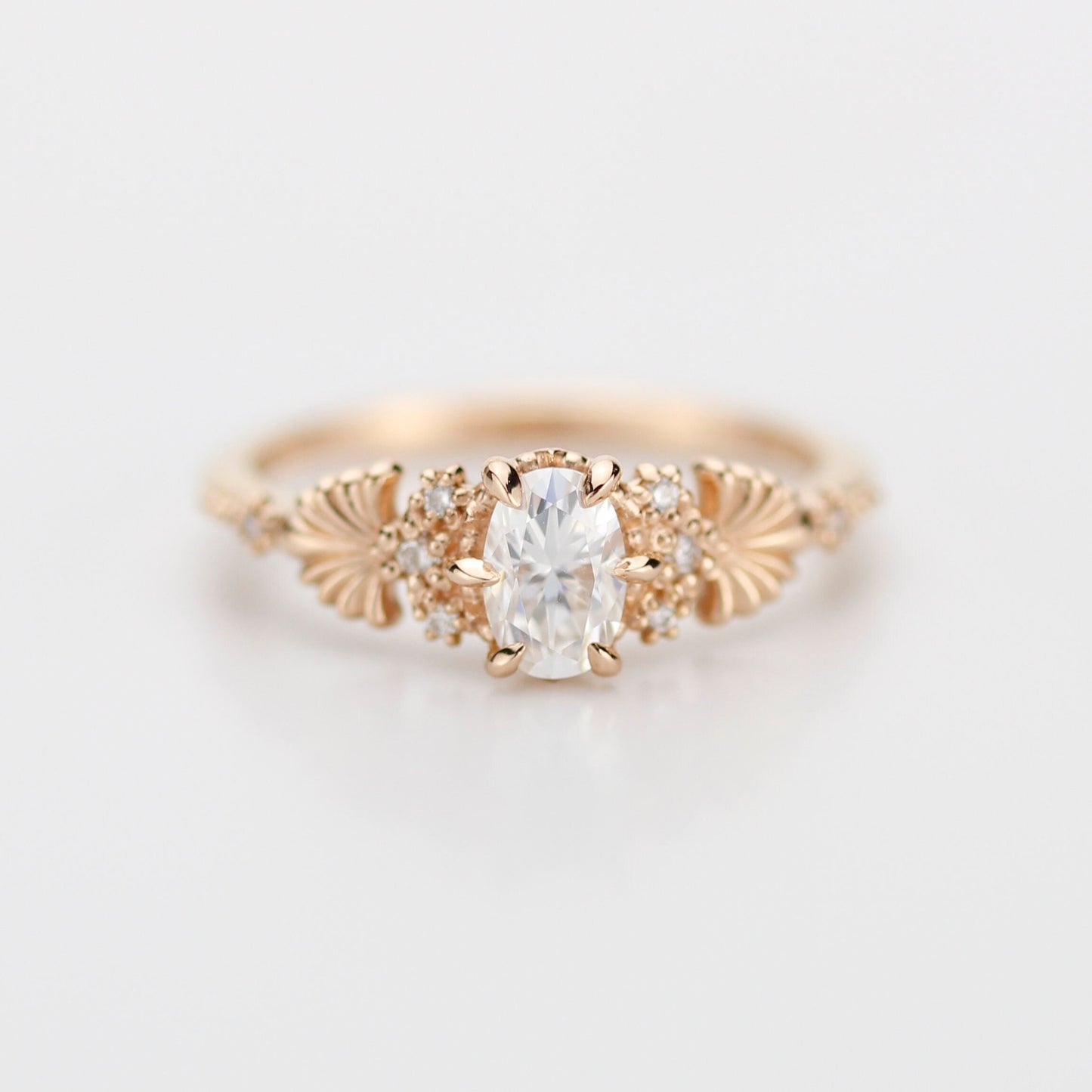 art nouveau engagement ring, oval Moissanite and diamond engagement ring, Vintage Style Art Nouveau Ring
