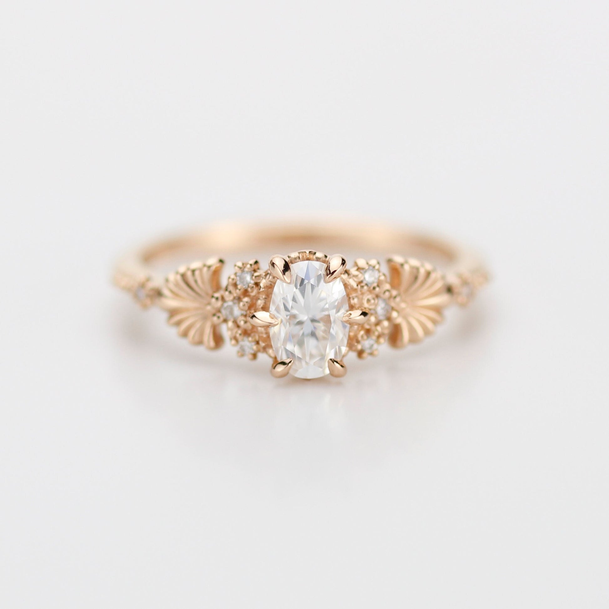 art nouveau engagement ring, oval Moissanite and diamond engagement ring, Vintage Style Art Nouveau Ring