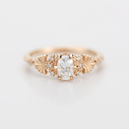 art nouveau engagement ring, oval Moissanite and diamond engagement ring, Vintage Style Art Nouveau Ring