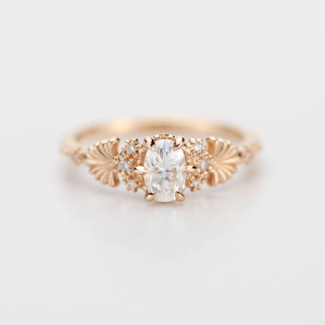 art nouveau engagement ring, oval Moissanite and diamond engagement ring, Vintage Style Art Nouveau Ring