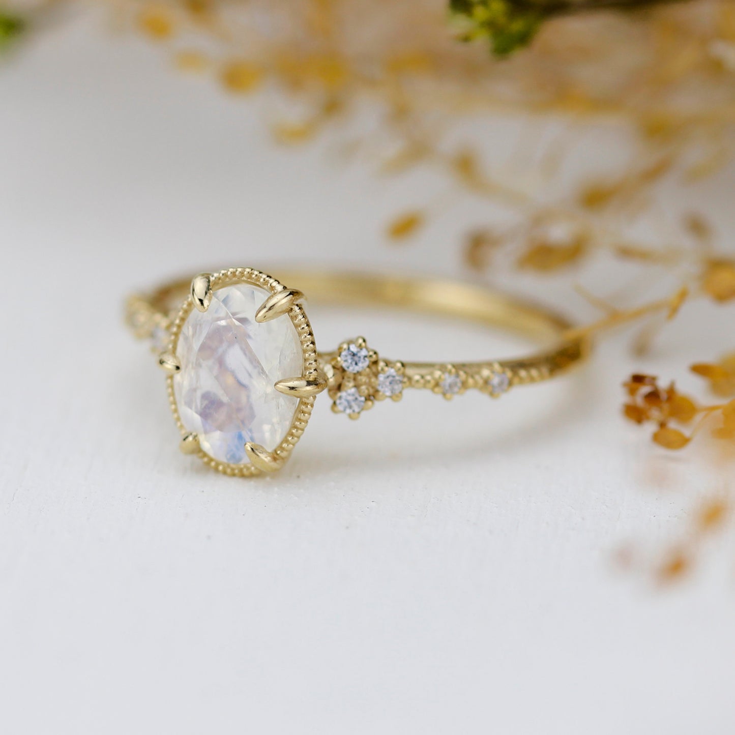 Oval moonstone and diamond engagement ring, 18k simple gold ring, unique unique moonstone ring