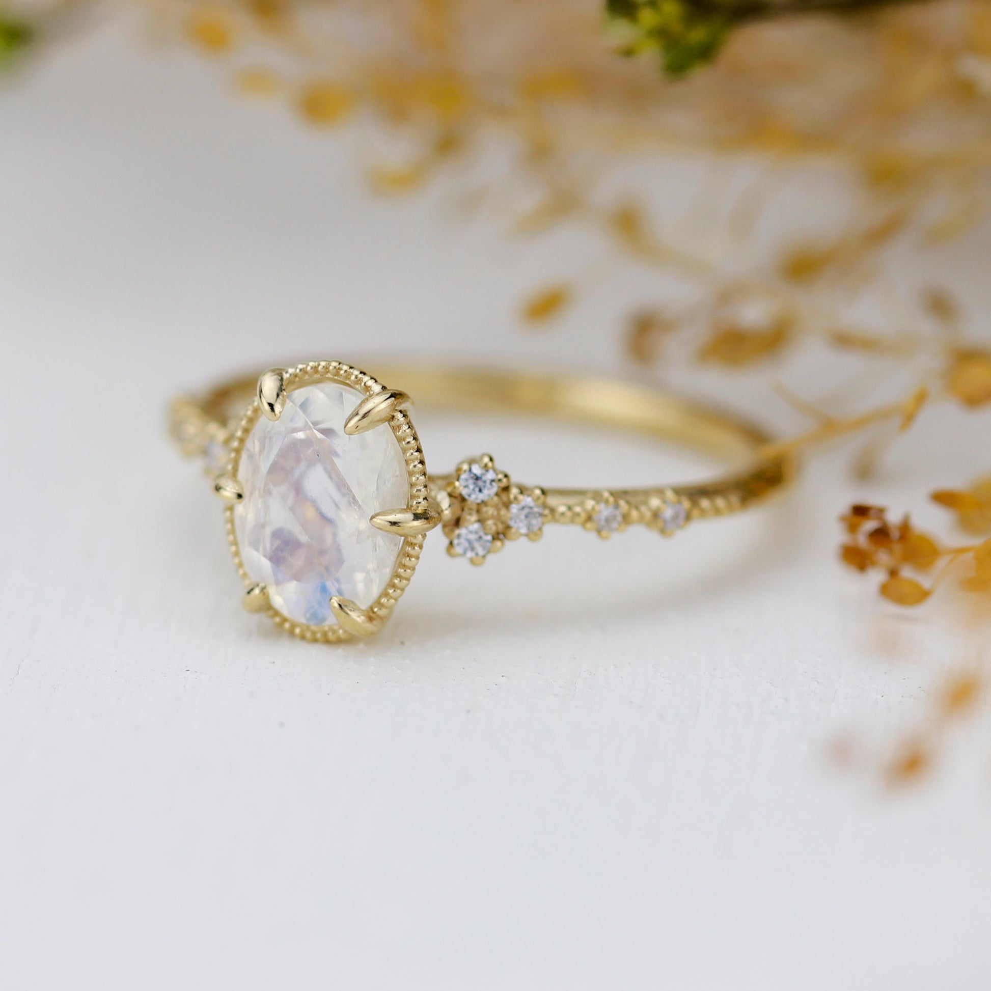 Oval moonstone and diamond engagement ring, 18k simple gold ring, unique unique moonstone ring