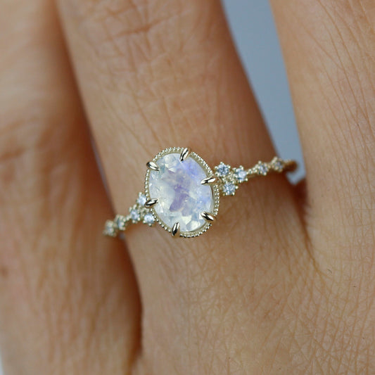 18k solid gold with oval moonstone and diamond engagement ring