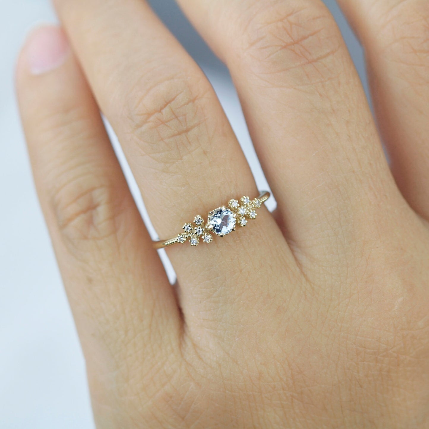 Round aquamarine and diamond ring, vintage style aquamarine ring, round engagement ring