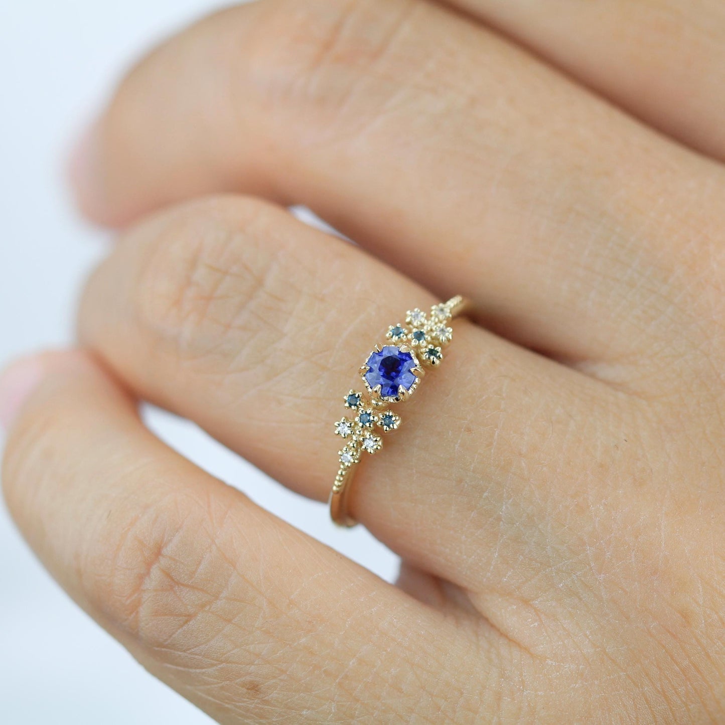 Diamond leaf ring, vintage style diamond engagement ring, topaz and diamond ring