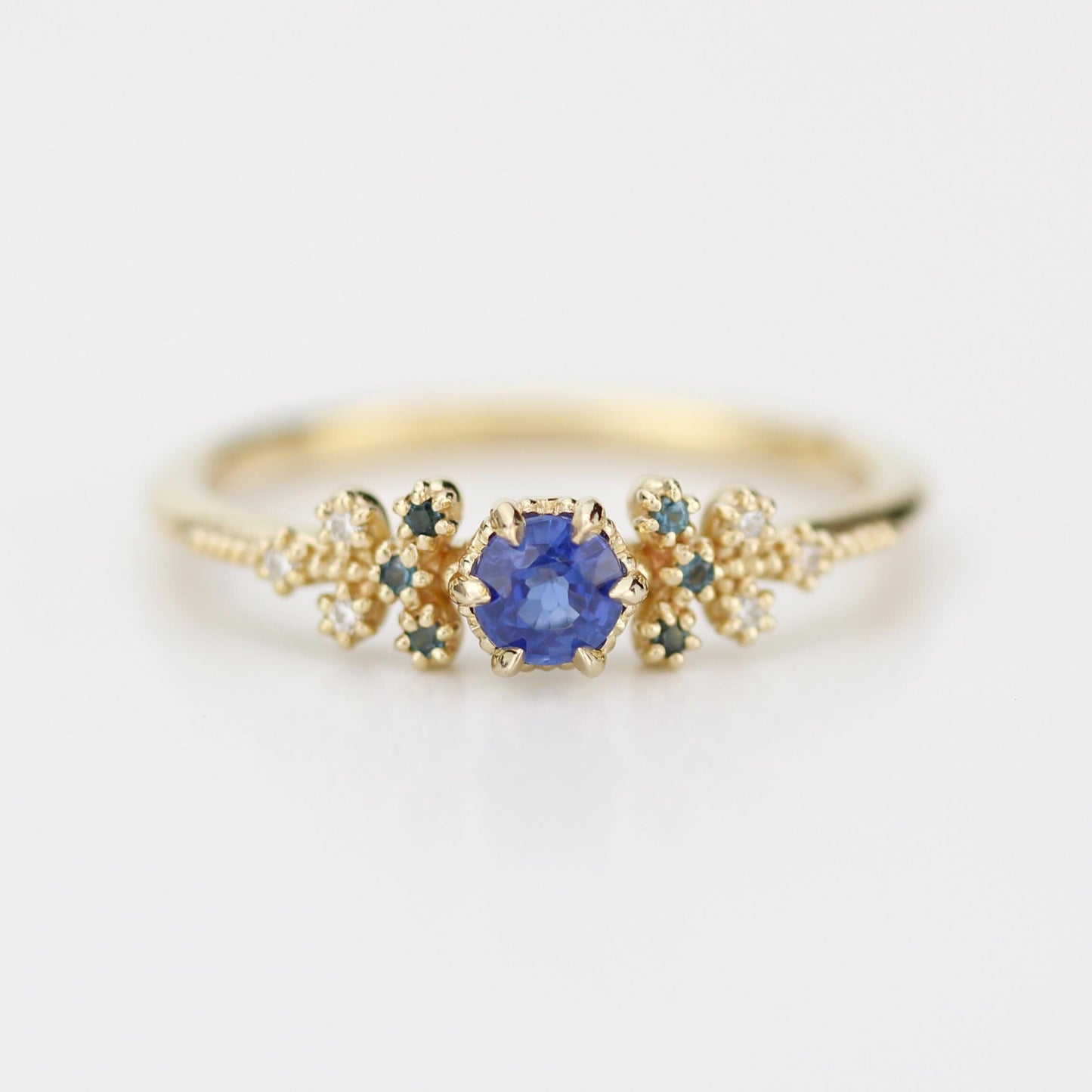 diamond leaf ring, vintage style diamond engagement ring, topaz and diamond ring