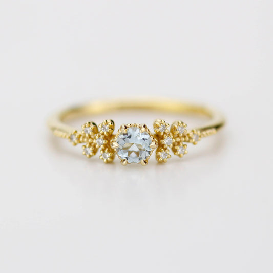 Round aquamarine and diamond ring, vintage style aquamarine ring