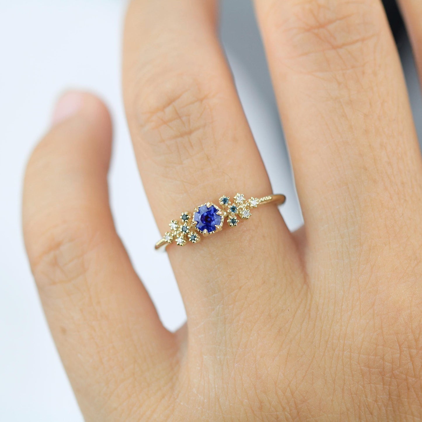 Diamond leaf ring, vintage style diamond engagement ring, topaz and diamond ring