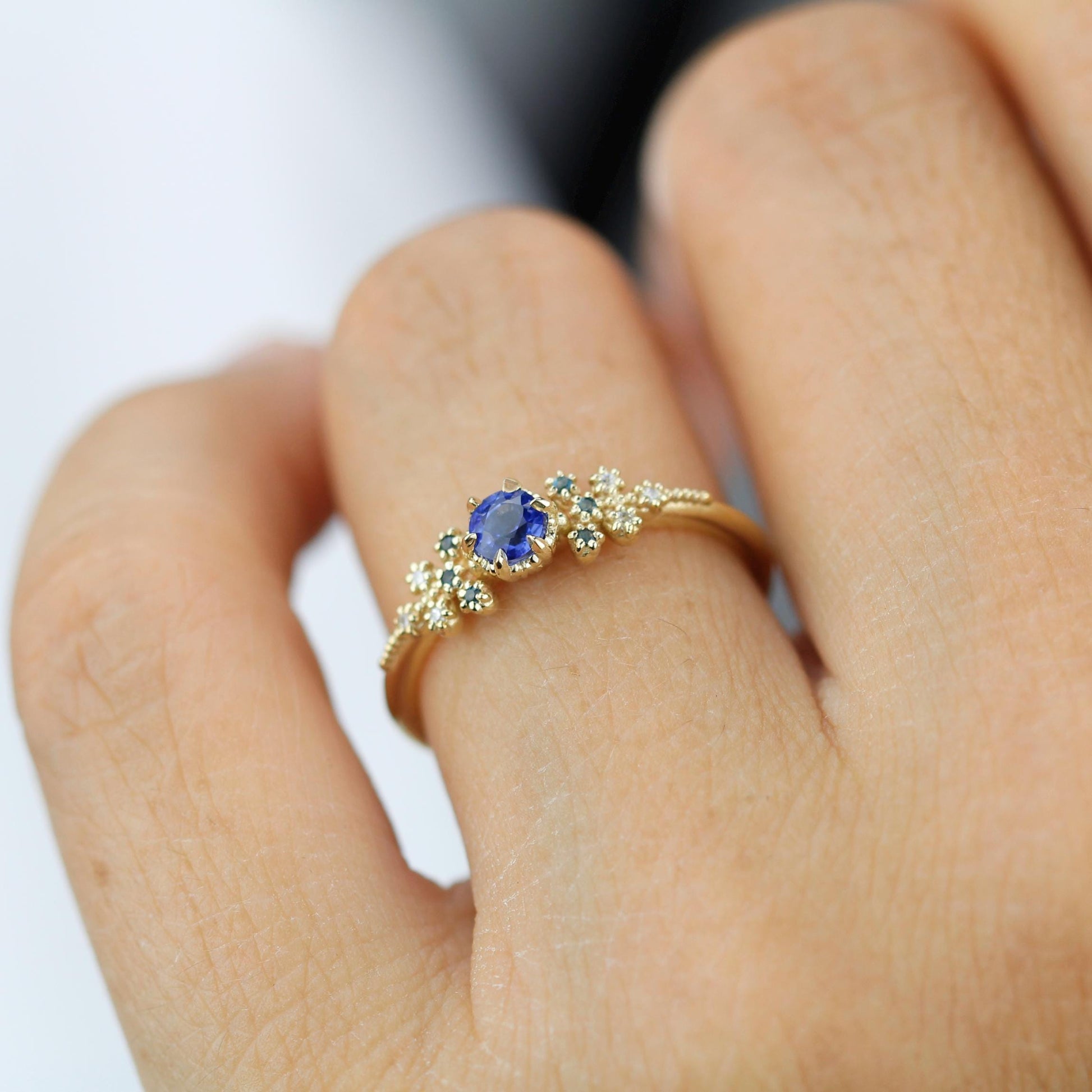 Diamond leaf ring, vintage style diamond engagement ring, topaz and diamond ring