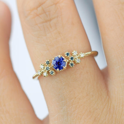 Diamond leaf ring, vintage style diamond engagement ring, topaz and diamond ring