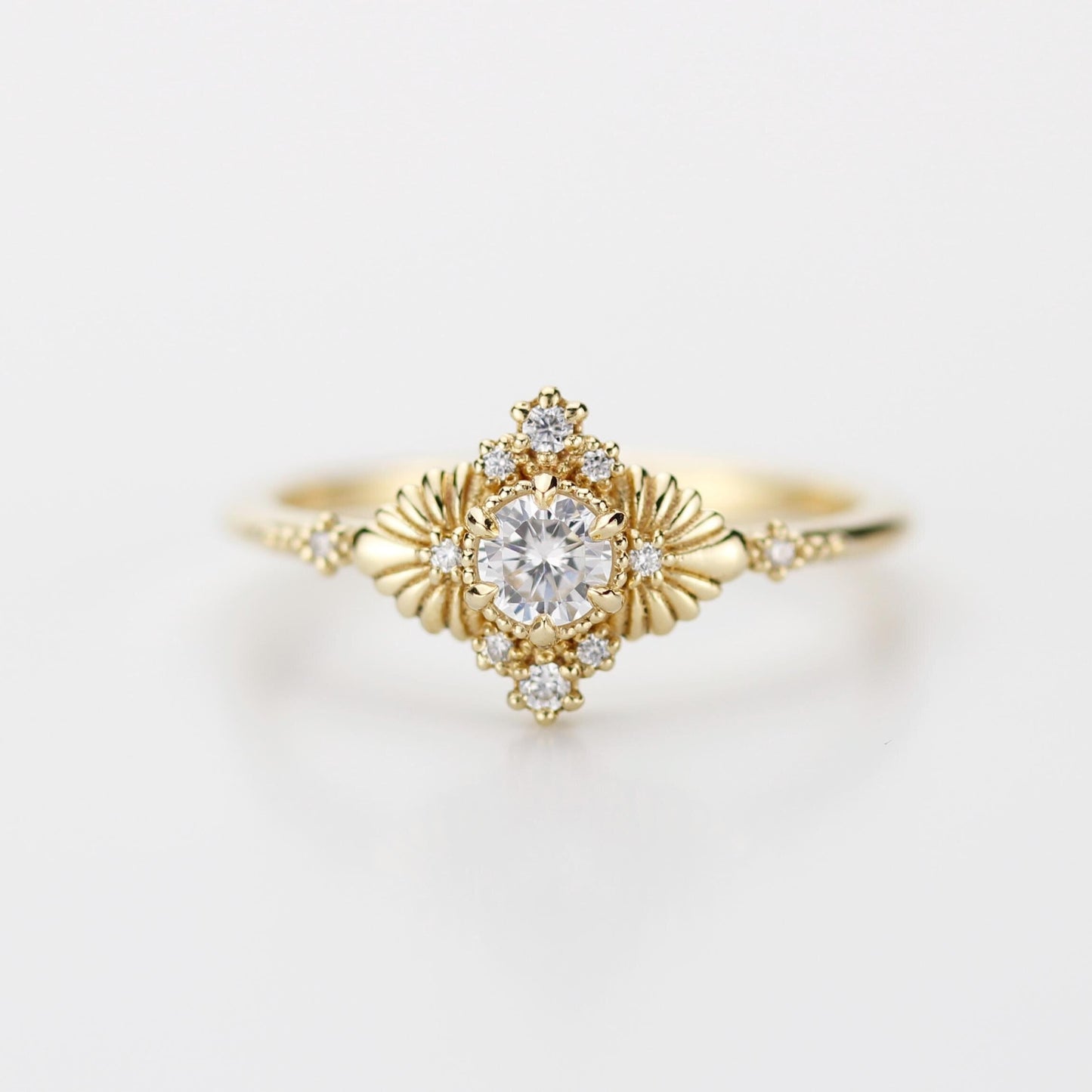 Art deco style ring, round diamond engagement ring, leaf diamond ring,vintage diamond engagement ring