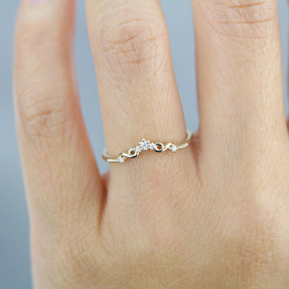 Curved 18k Gold Art Deco Wedding Band with Natural Diamonds, Intricate Filigree Scrolls, Perfect Pair with Oval Engagement Ring