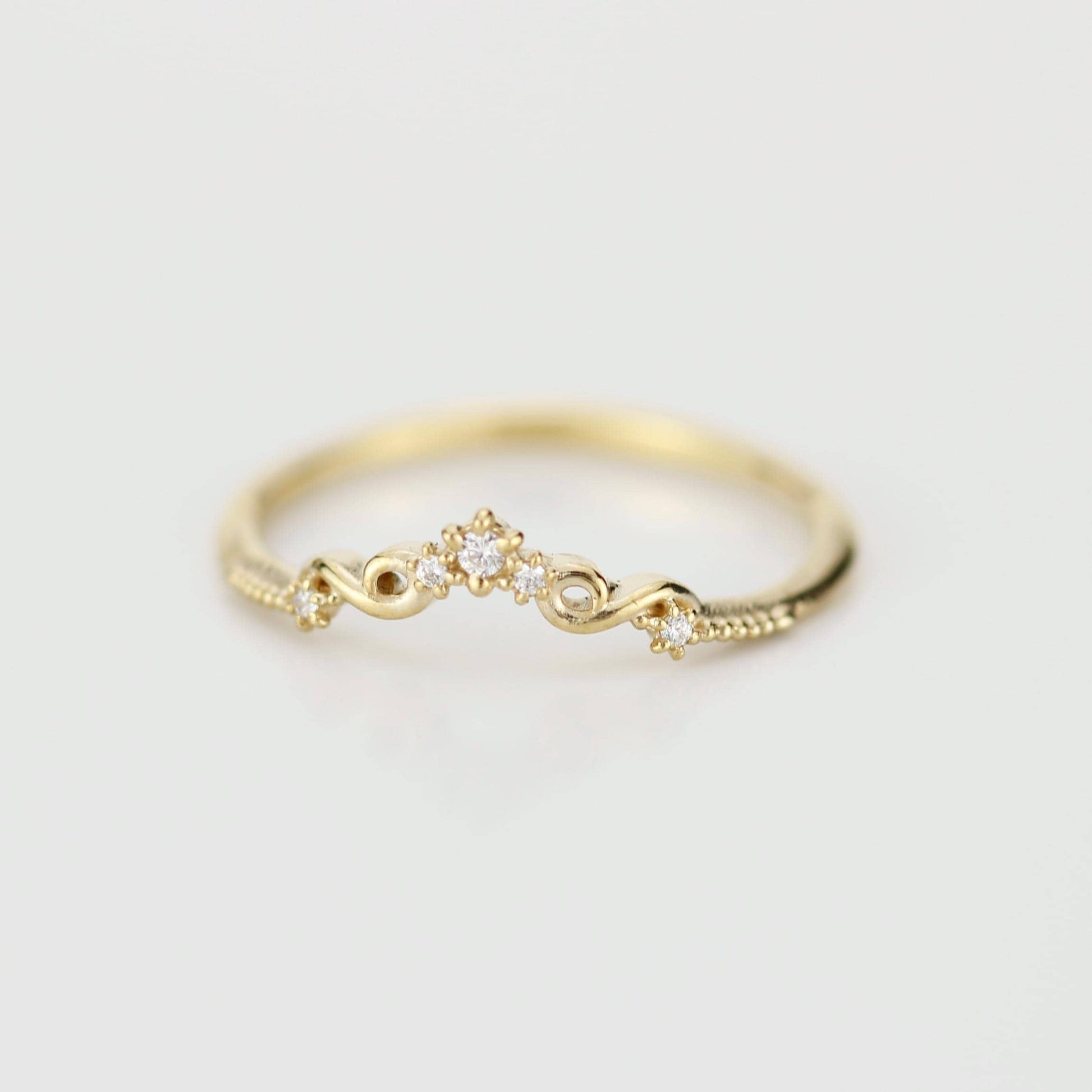 Curved 18k Gold Art Deco Wedding Band with Natural Diamonds, Intricate Filigree Scrolls, Perfect Pair with Oval Engagement Ring