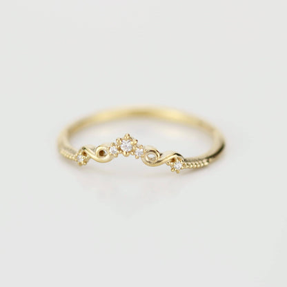Curved 18k Gold Art Deco Wedding Band with Natural Diamonds, Intricate Filigree Scrolls, Perfect Pair with Oval Engagement Ring