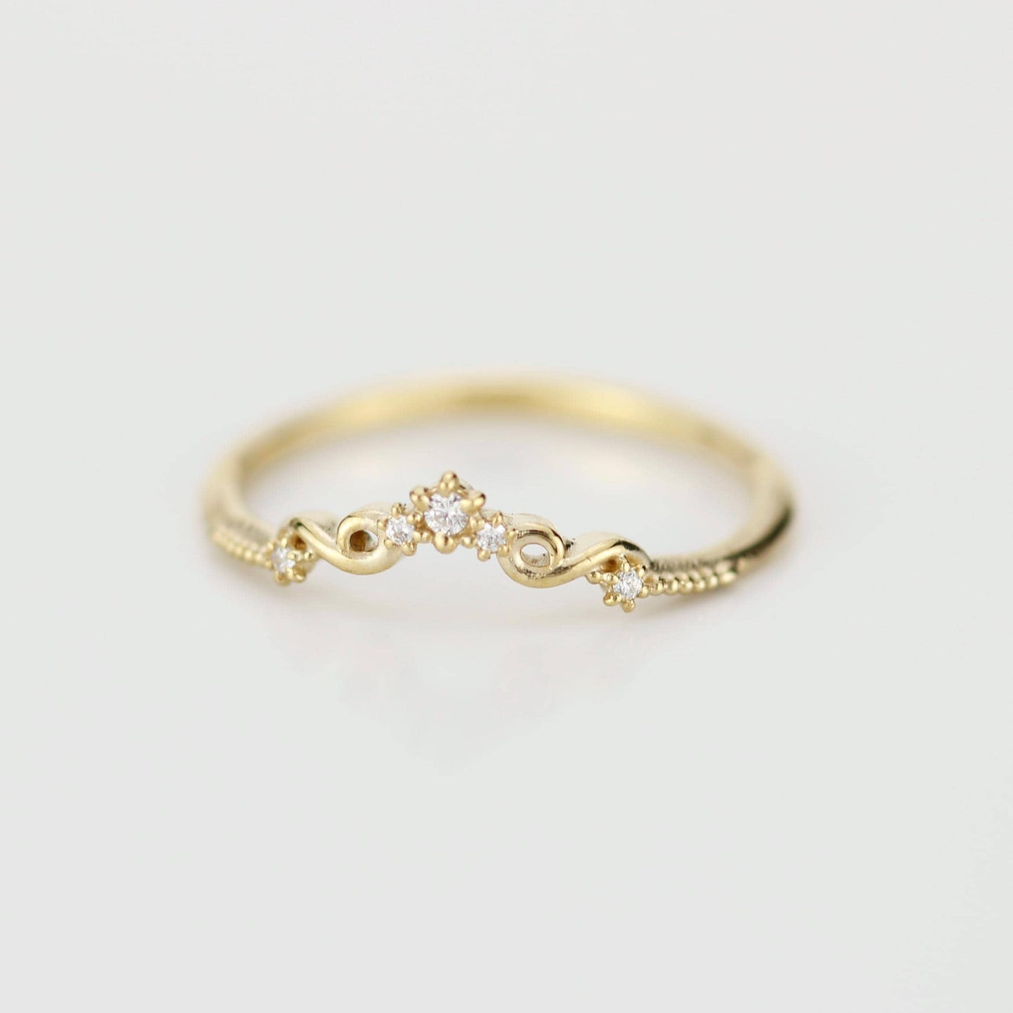 Curved 18k Gold Art Deco Wedding Band with Natural Diamonds, Intricate Filigree Scrolls, Perfect Pair with Oval Engagement Ring