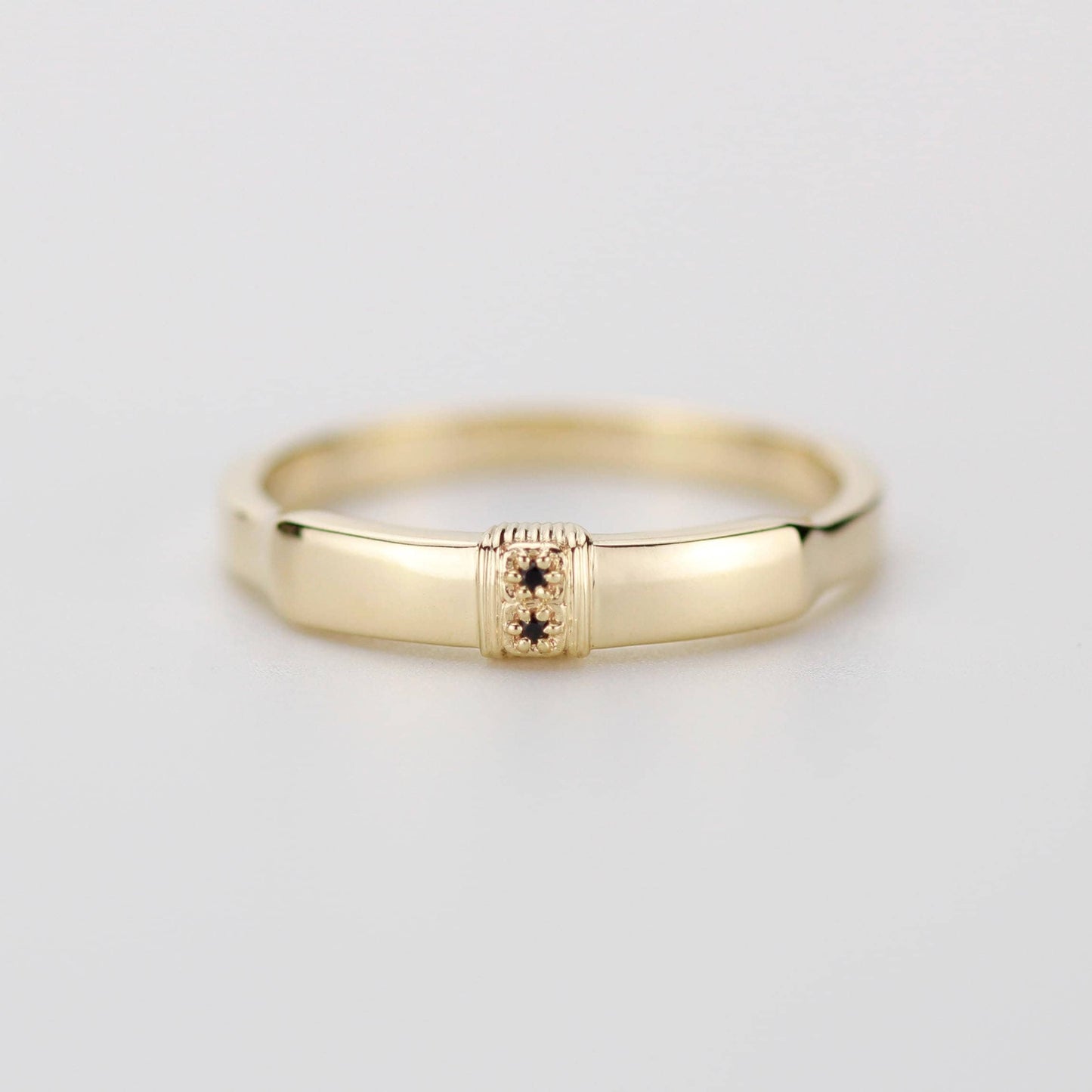 18K Solid Gold Men's Engagement Ring with Two Black Diamonds | Bold Micro Line Design for Modern, Elegant Style