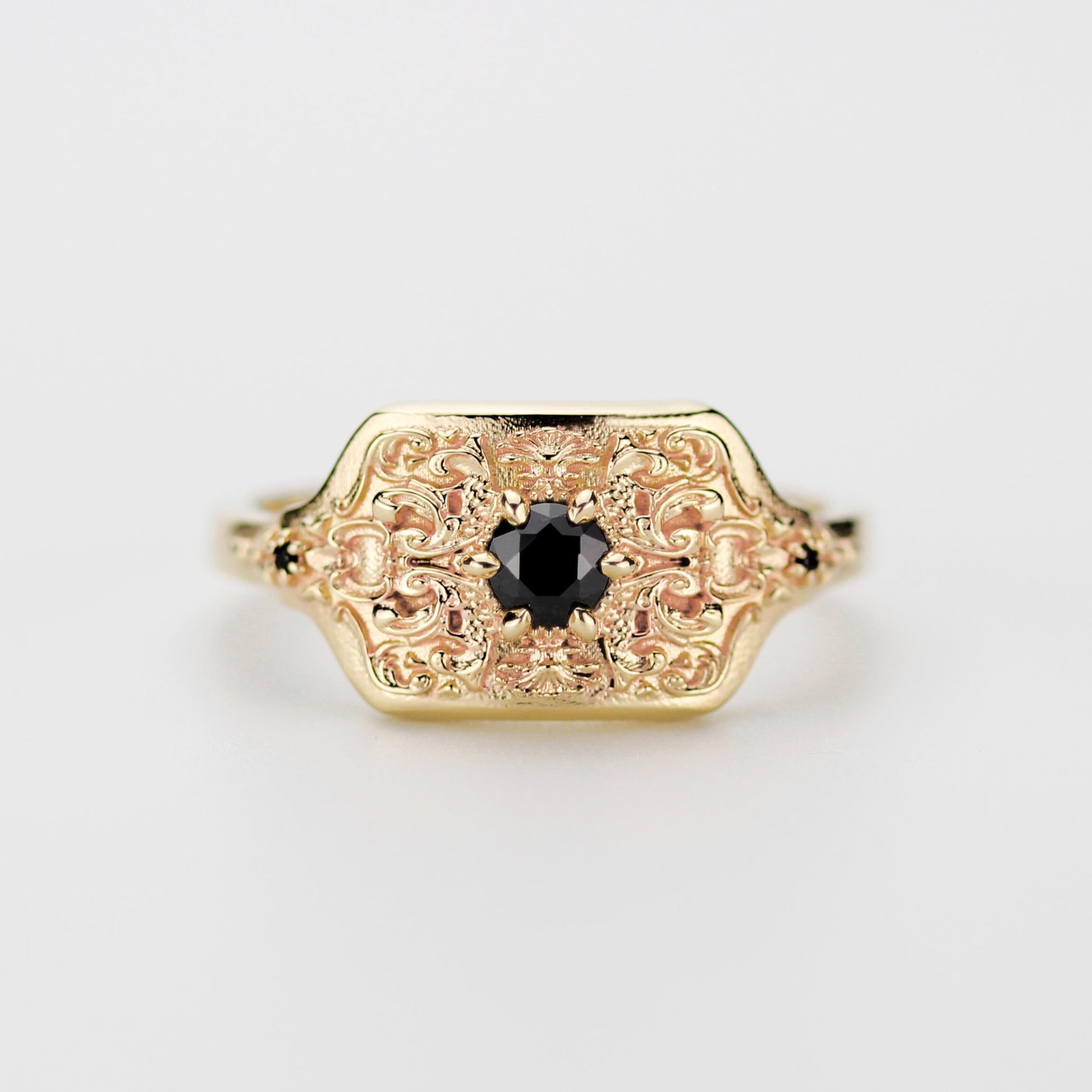 18K Solid Gold Mens Signet Ring with Black Diamond