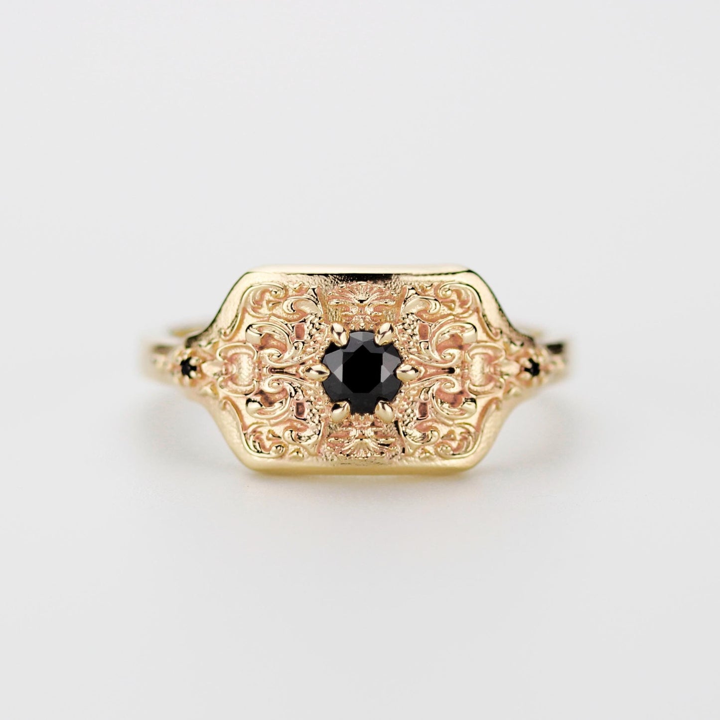 18K Gold Mens Engagement Signet Ring with Black Diamond and Intricate Baroque-Style Engraving – Luxury Handcrafted Statement Ring for Him