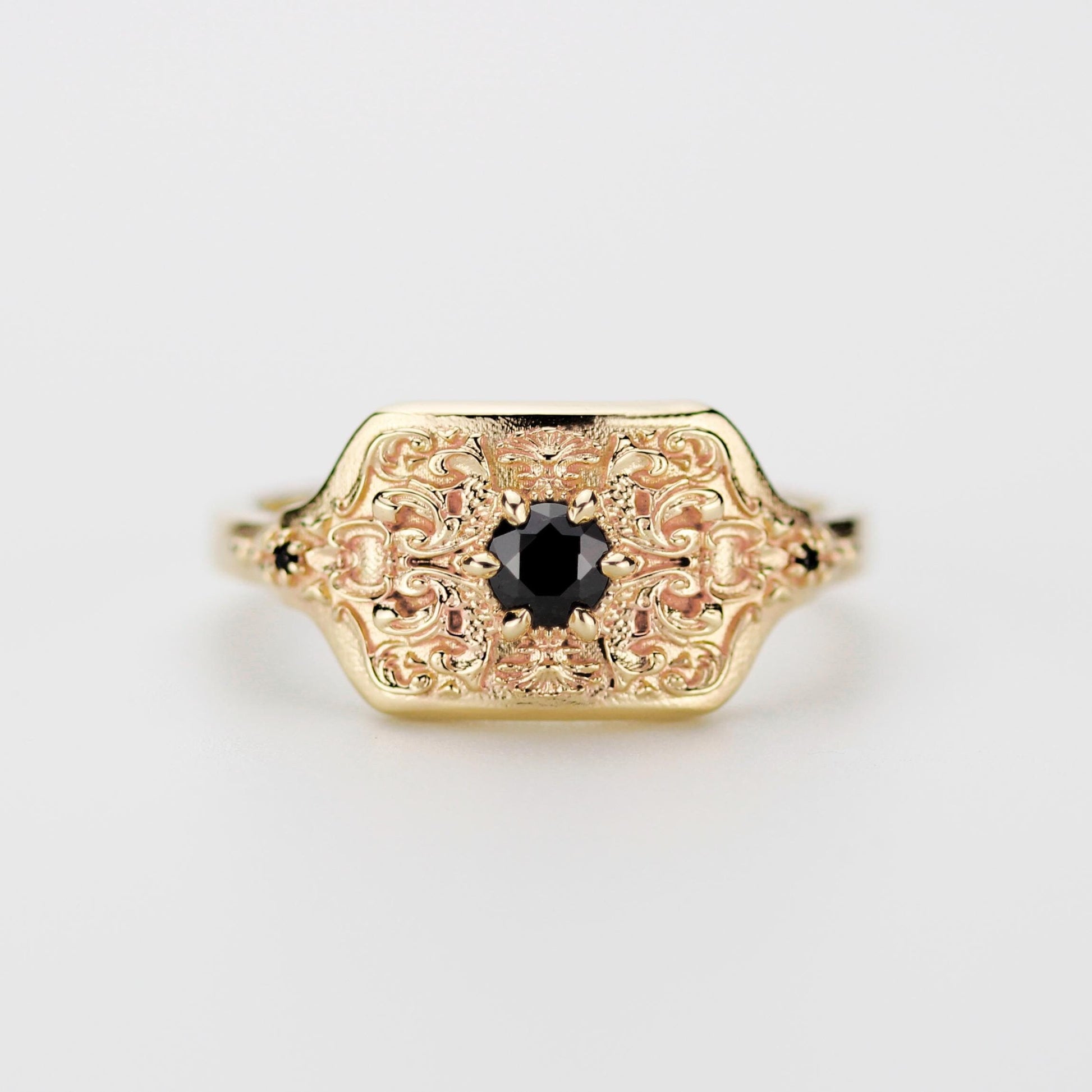 18K Gold Mens Engagement Signet Ring with Black Diamond and Intricate Baroque-Style Engraving – Luxury Handcrafted Statement Ring for Him