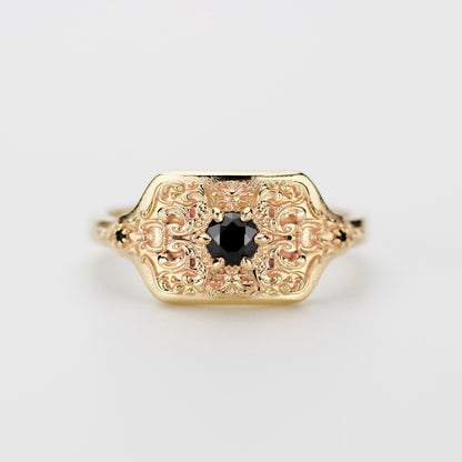 18K Gold Mens Engagement Signet Ring with Black Diamond and Intricate Baroque-Style Engraving – Luxury Handcrafted Statement Ring for Him