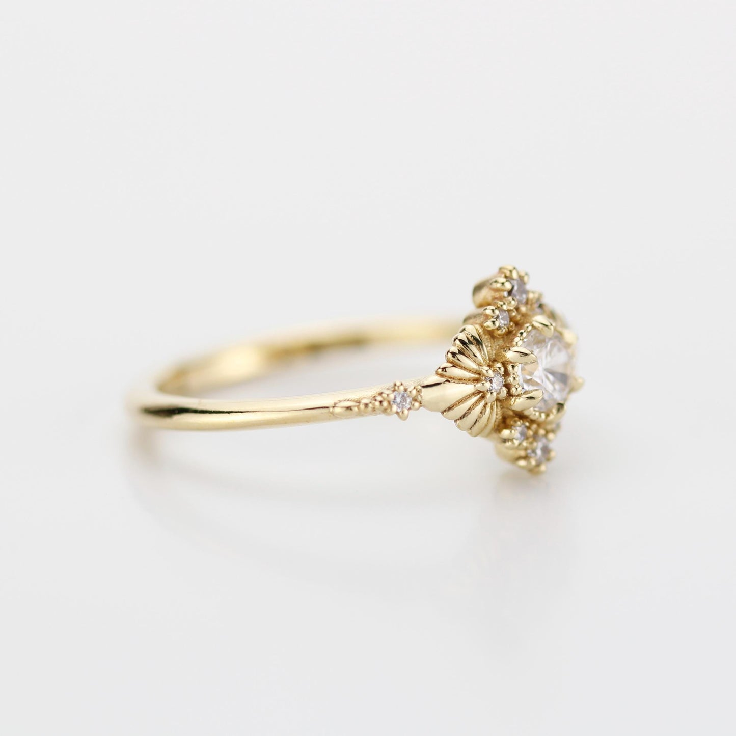 Art deco style ring, round diamond engagement ring, leaf diamond ring, vintage diamond engagement ring, palm ring