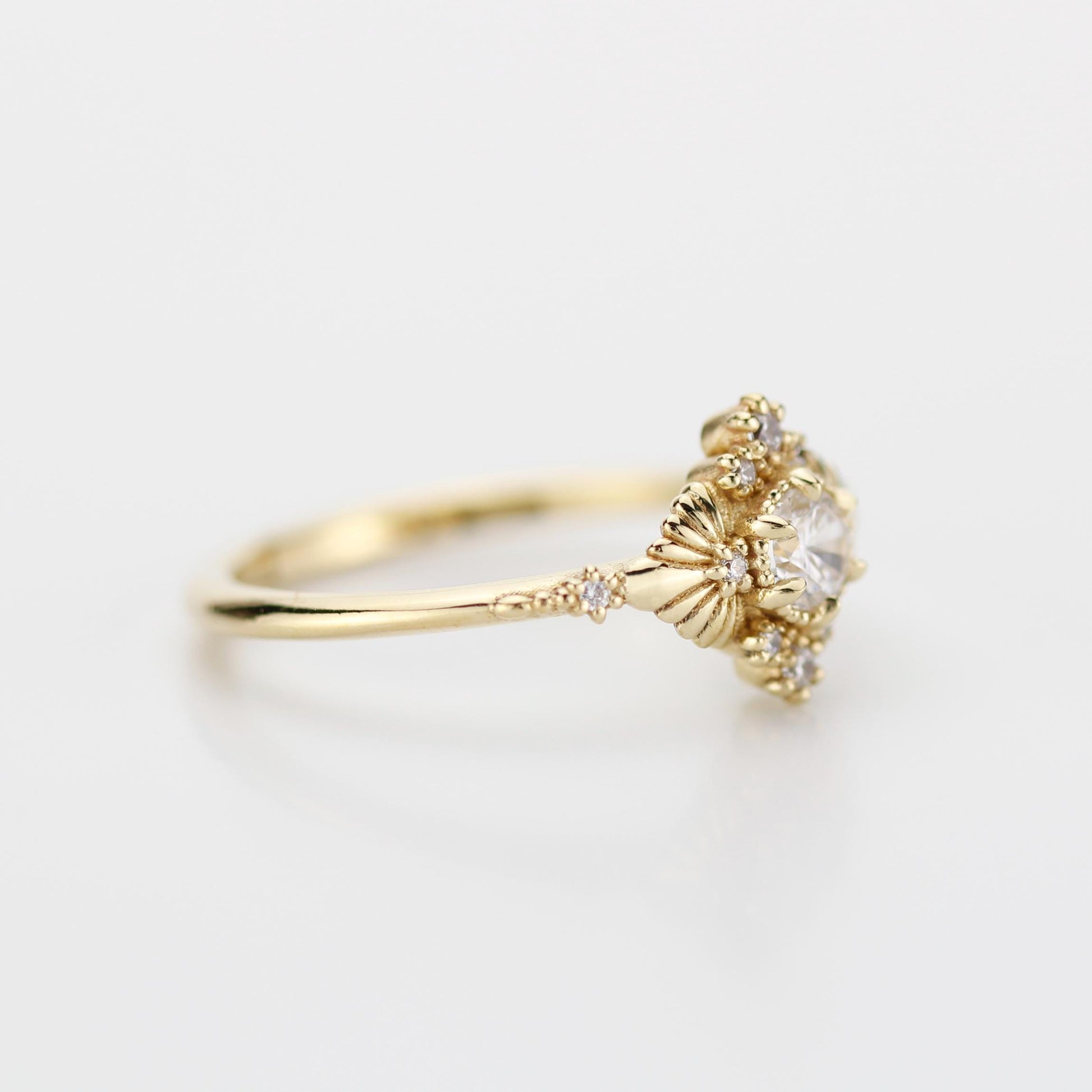 Art deco style ring, round diamond engagement ring, leaf diamond ring, vintage diamond engagement ring, palm ring