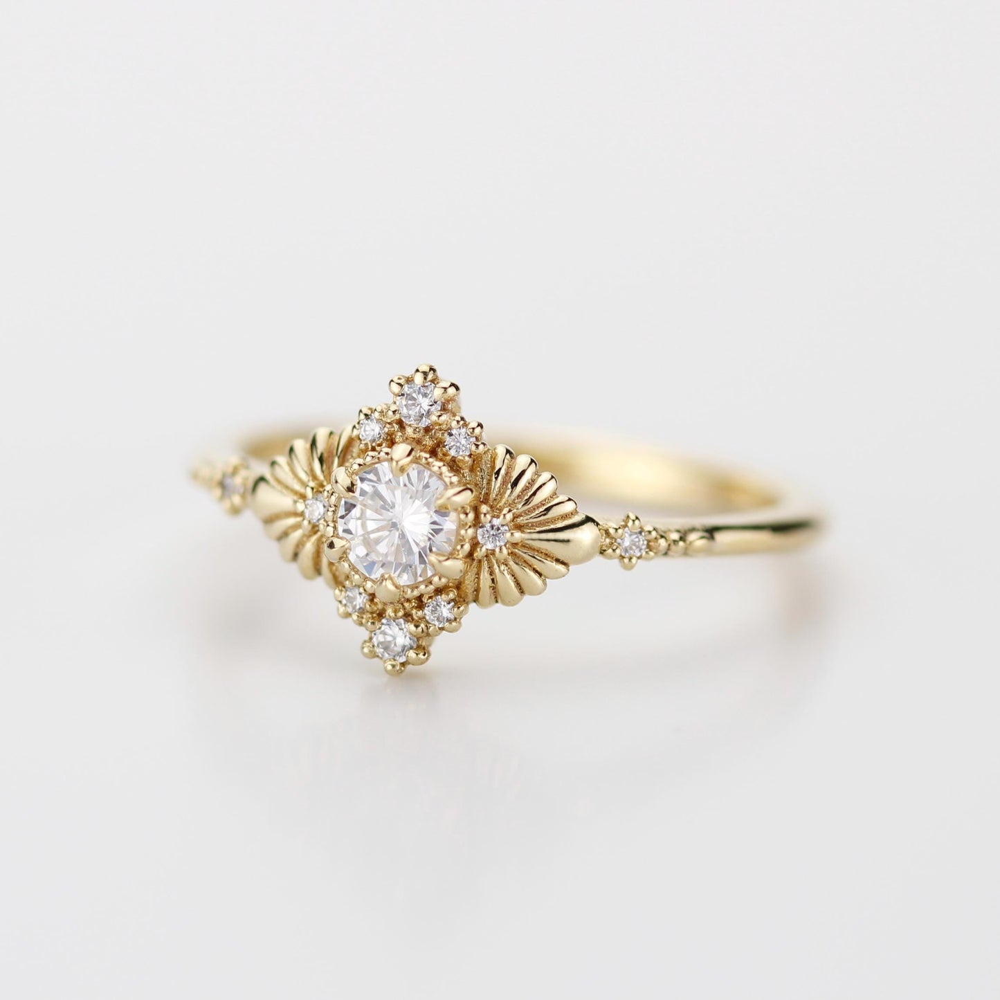 Art deco style ring, round diamond engagement ring, leaf diamond ring, vintage diamond engagement ring, palm ring