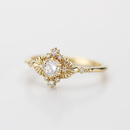 Art deco style ring, round diamond engagement ring, leaf diamond ring, vintage diamond engagement ring, palm ring