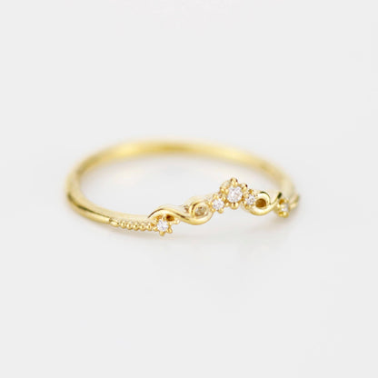 Curved 18k Gold Art Deco Wedding Band with Natural Diamonds, Intricate Filigree Scrolls, Perfect Pair with Oval Engagement Ring
