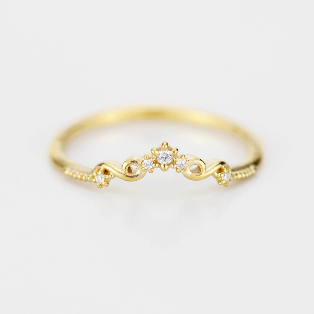 Curved 18k Gold Art Deco Wedding Band with Natural Diamonds, Intricate Filigree Scrolls, Perfect Pair with Oval Engagement Ring