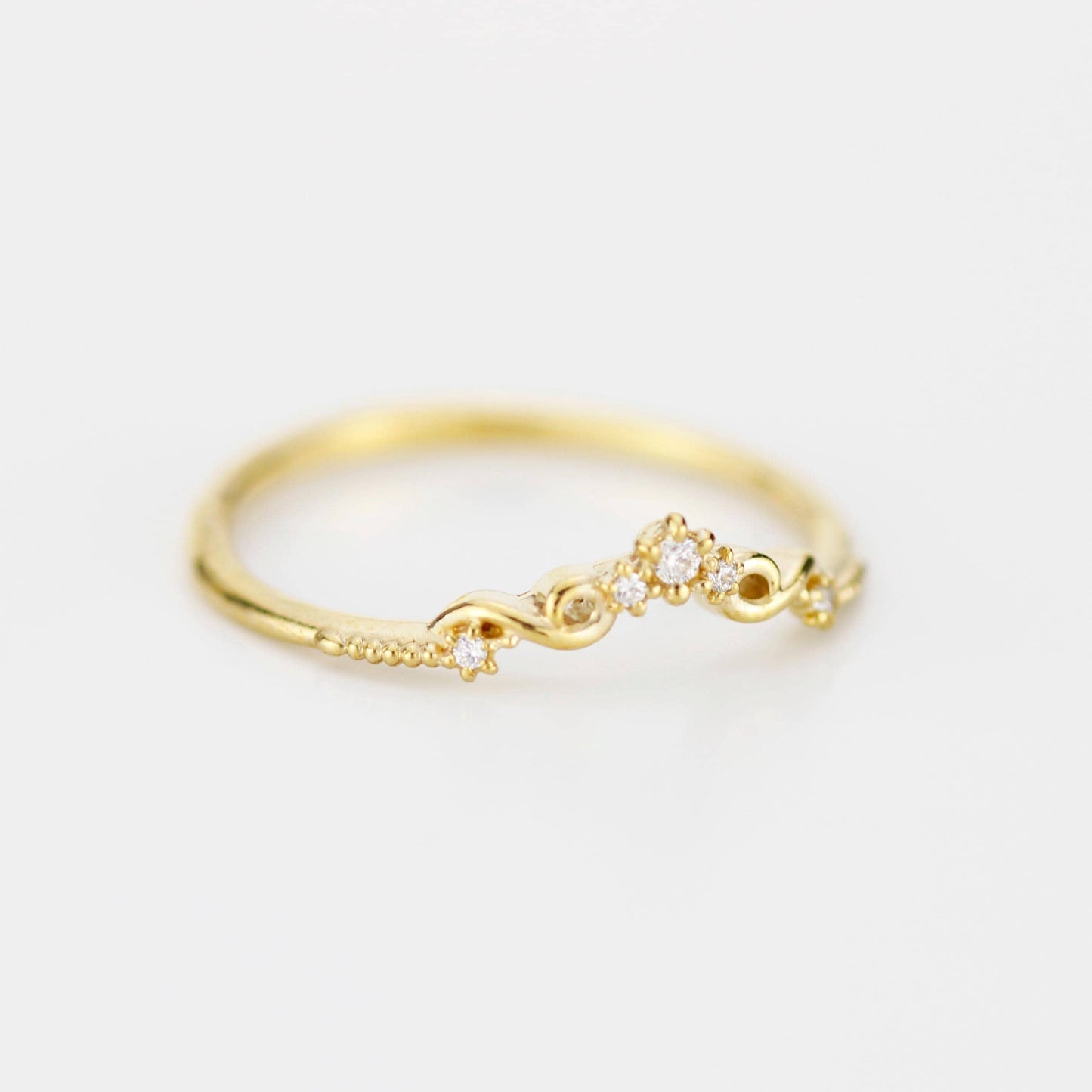 Curved 18k Gold Art Deco Wedding Band with Natural Diamonds, Intricate Filigree Scrolls, Perfect Pair with Oval Engagement Ring
