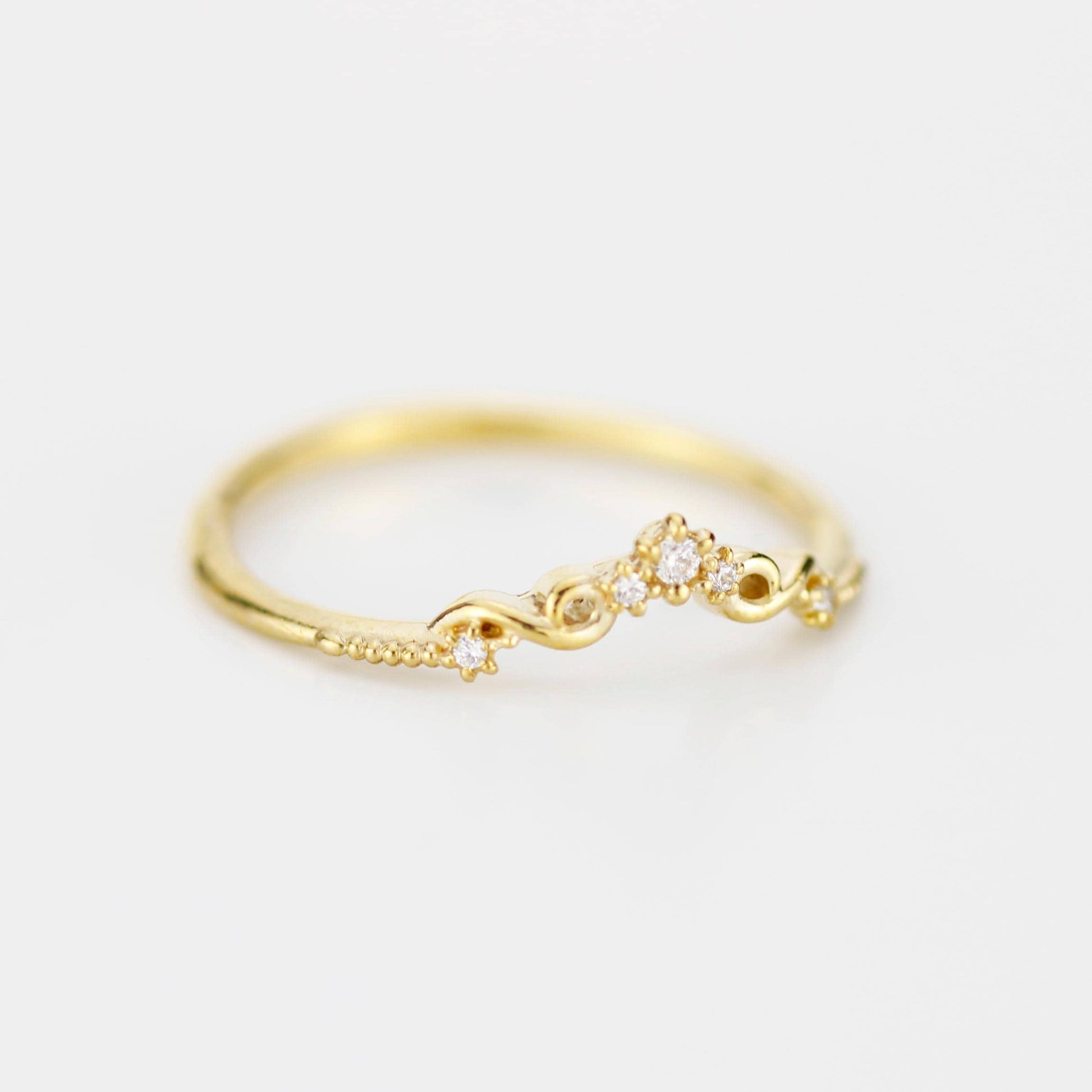 Curved 18k Gold Art Deco Wedding Band with Natural Diamonds, Intricate Filigree Scrolls, Perfect Pair with Oval Engagement Ring