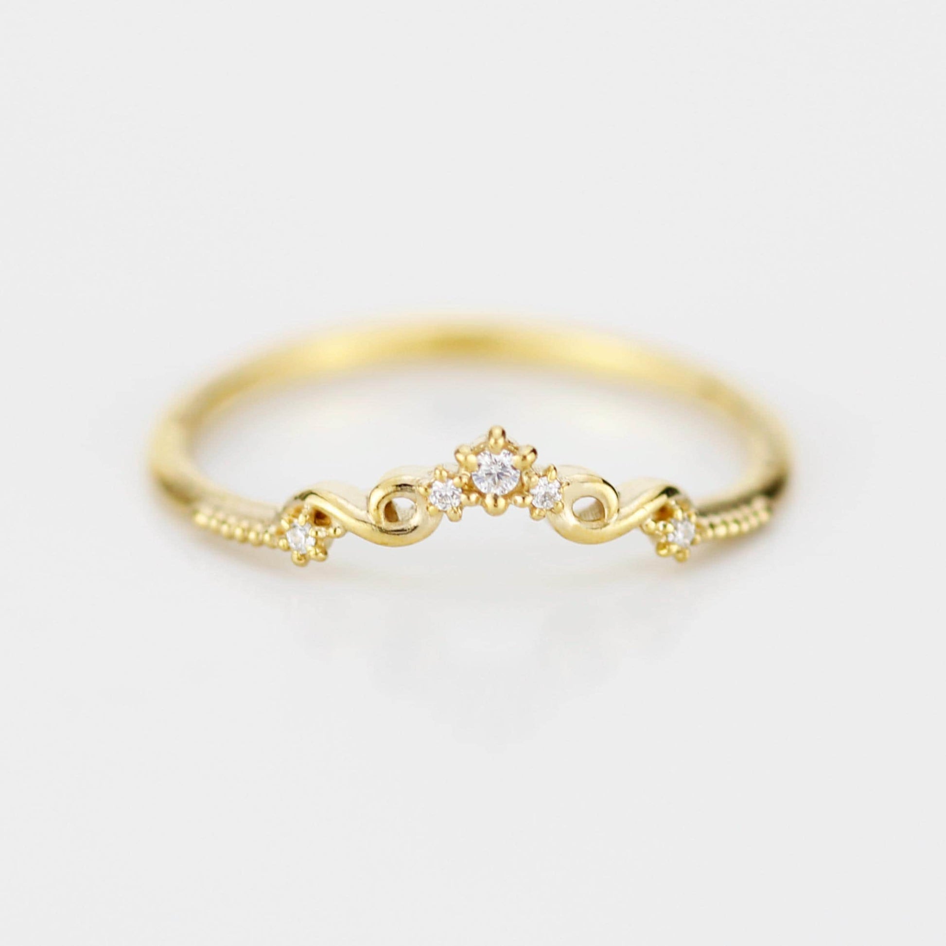 Curved 18k Gold Art Deco Wedding Band with Natural Diamonds, Intricate Filigree Scrolls, Perfect Pair with Oval Engagement Ring