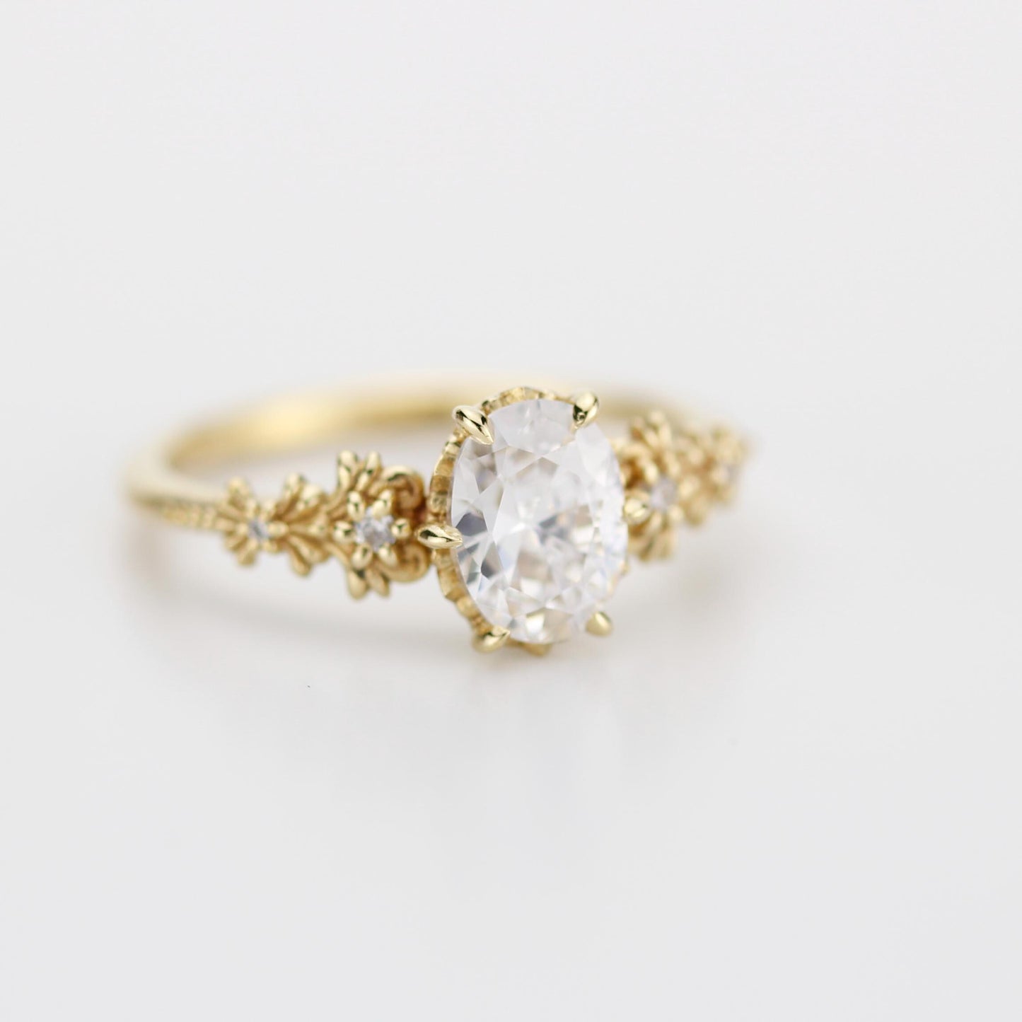 Baroque Oval Real Moissanite Ring with Diamond Accents Vintage Engagement Ring