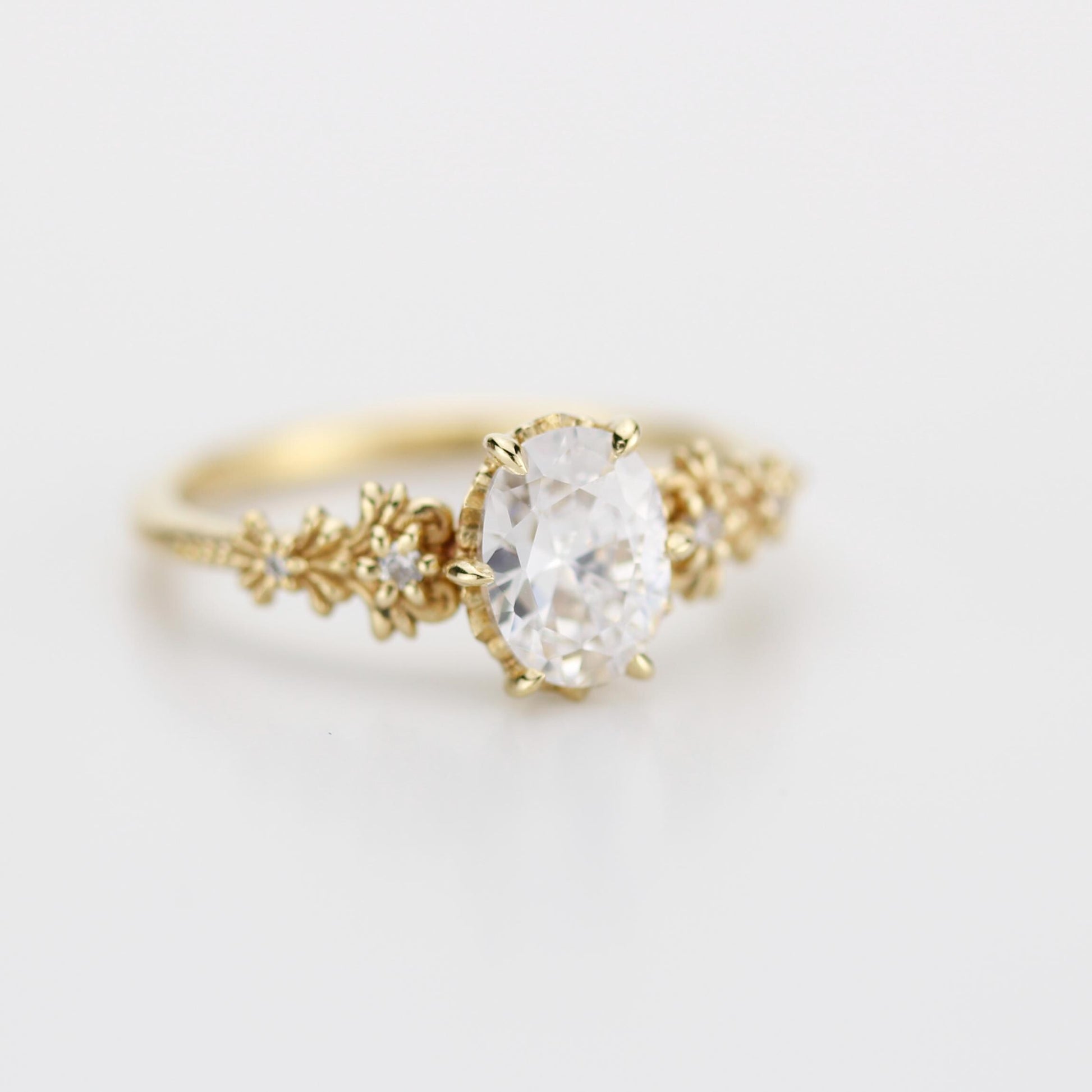 Baroque Oval Real Moissanite Ring with Diamond Accents Vintage Engagement Ring