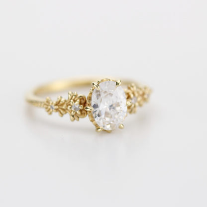 Baroque Oval Real Moissanite Ring with Diamond Accents Vintage Engagement Ring
