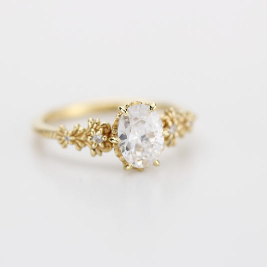 Baroque Oval Real Moissanite Ring with Diamond Accents Vintage Engagement Ring