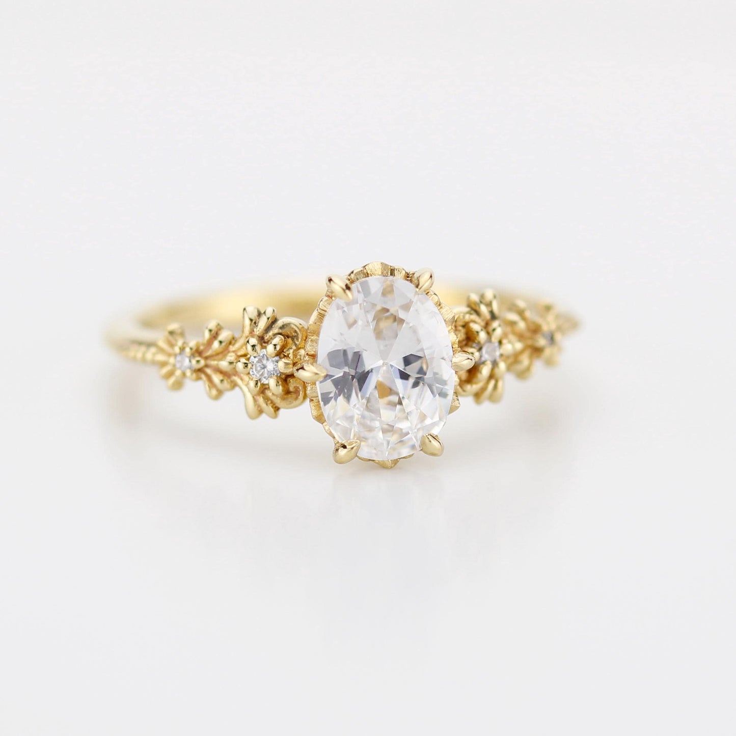Baroque Oval Real Moissanite Ring with Diamond Accents Vintage Engagement Ring