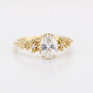 Baroque Oval Real Moissanite Ring with Diamond Accents Vintage Engagement Ring