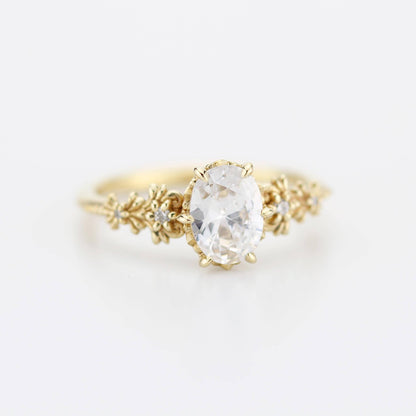 Baroque Oval Real Moissanite Ring with Diamond Accents Vintage Engagement Ring