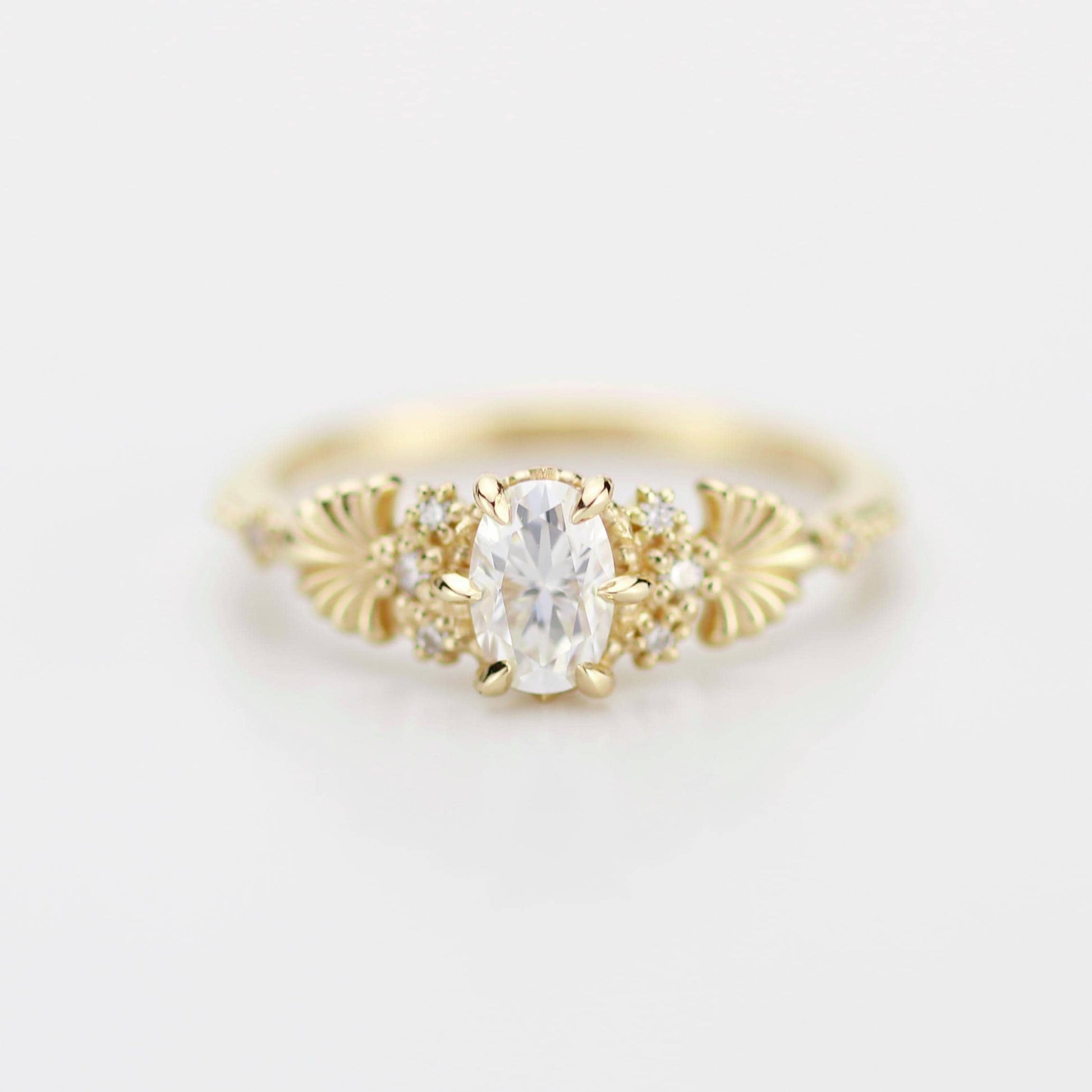 Art Nouveau Moissanite Ring with Natural Diamond Side Stones - Vintage Engagement Ring, Unique Gold Ring, Wedding Jewelry