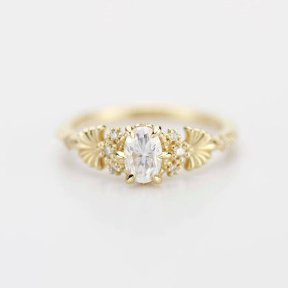 Art Nouveau Moissanite Ring with Natural Diamond Side Stones - Vintage Engagement Ring, Unique Gold Ring, Wedding Jewelry