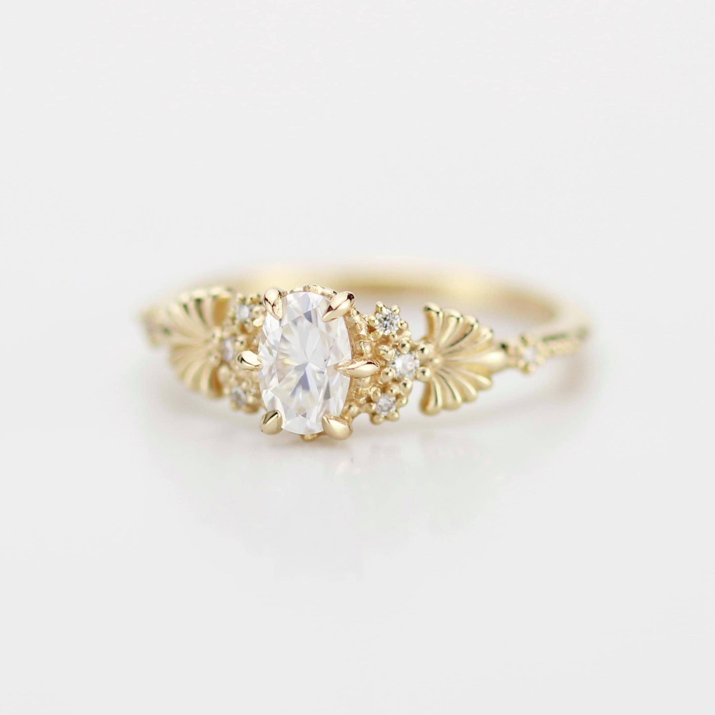 Art Nouveau Moissanite Ring with Natural Diamond Side Stones - Vintage Engagement Ring, Unique Gold Ring, Wedding Jewelry