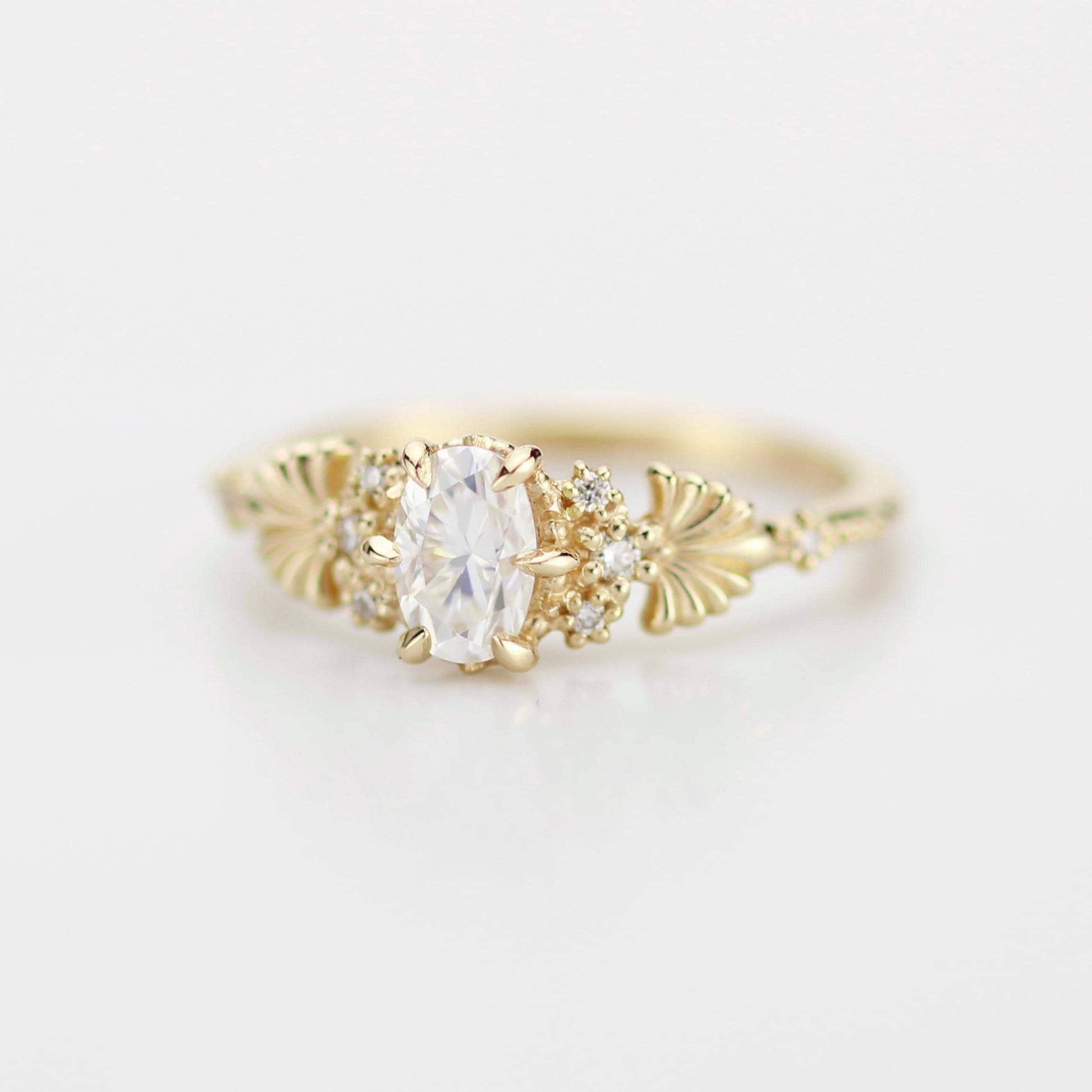 Art Nouveau Moissanite Ring with Natural Diamond Side Stones - Vintage Engagement Ring, Unique Gold Ring, Wedding Jewelry