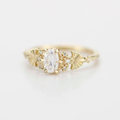 Art Nouveau Moissanite Ring with Natural Diamond Side Stones - Vintage Engagement Ring, Unique Gold Ring, Wedding Jewelry