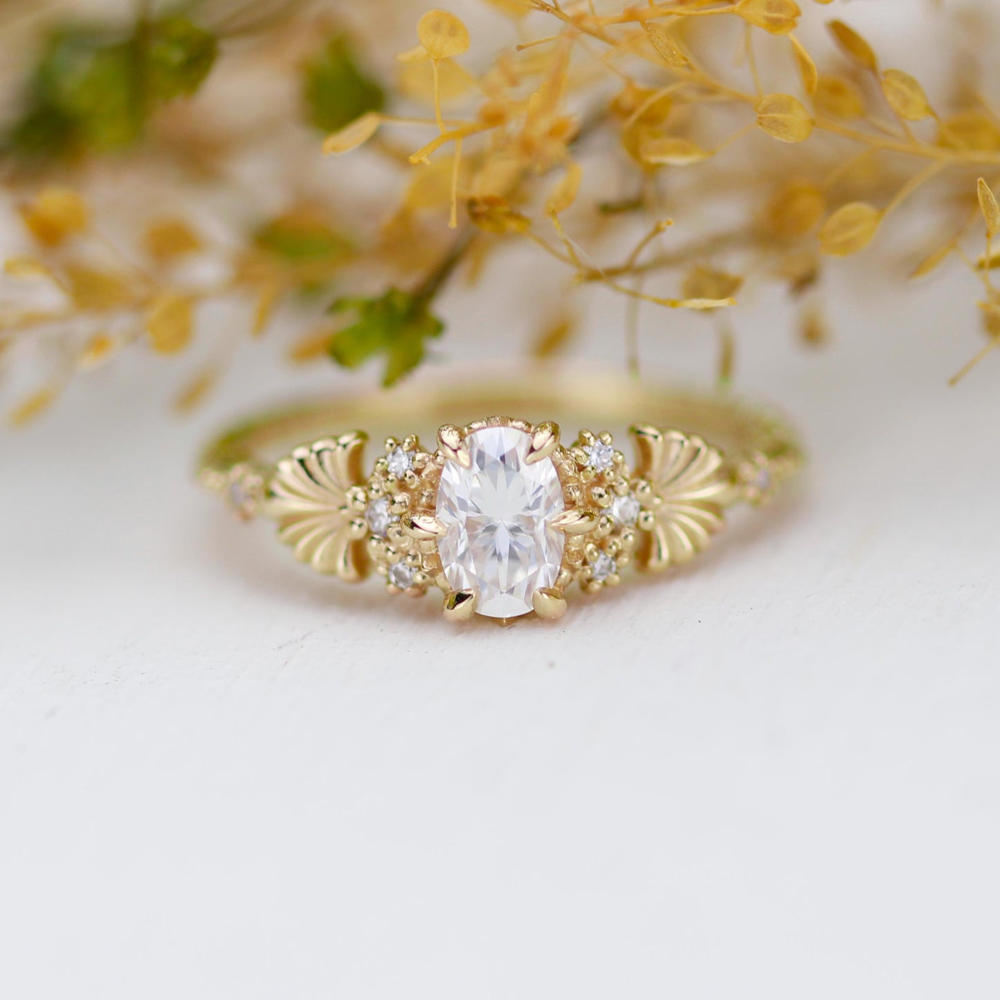 Art Nouveau Moissanite Ring with Natural Diamond Side Stones - Vintage Engagement Ring, Unique Gold Ring, Wedding Jewelry