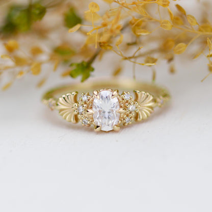 Art Nouveau Moissanite Ring with Natural Diamond Side Stones - Vintage Engagement Ring, Unique Gold Ring, Wedding Jewelry