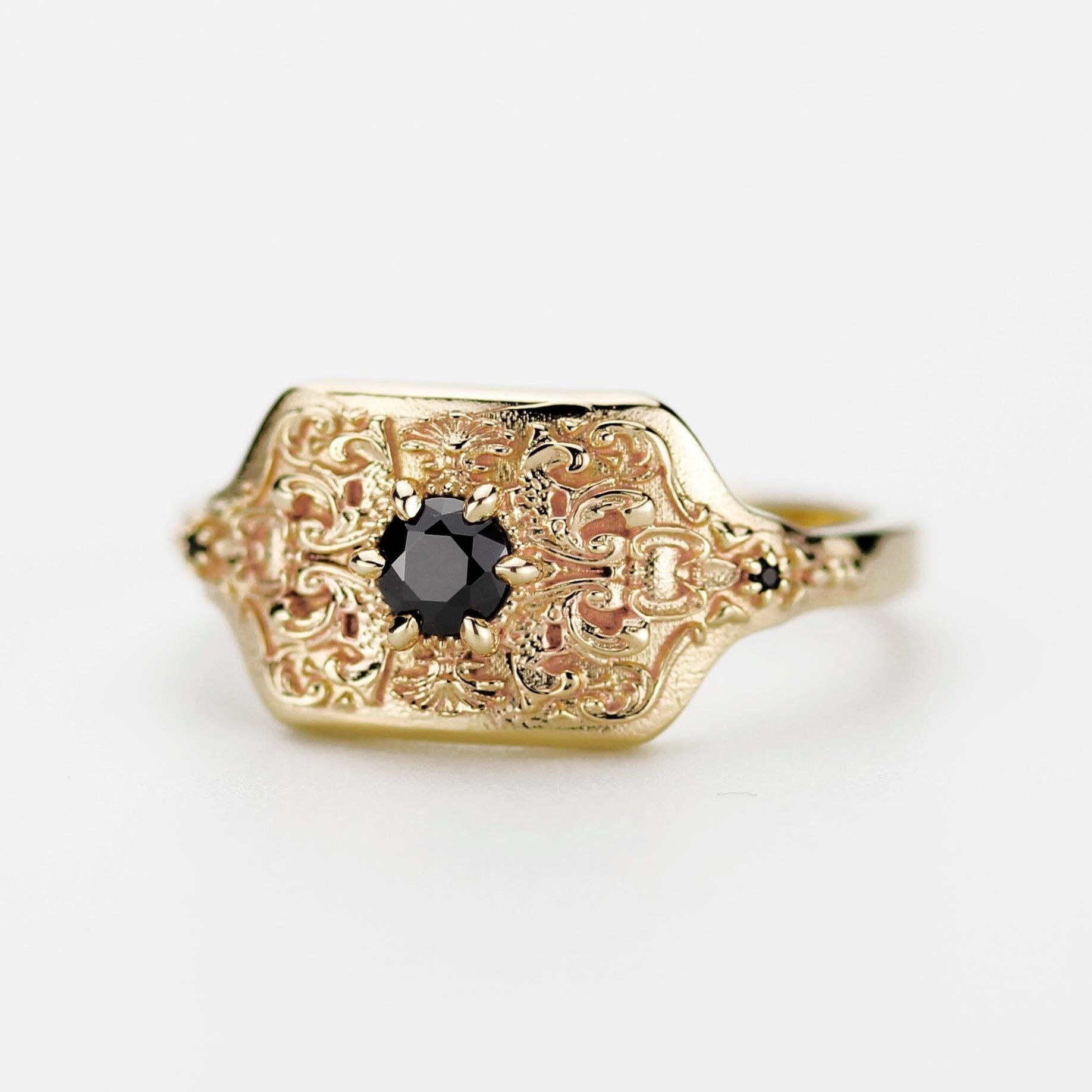 18K Solid Gold Mens Signet Ring with Black Diamond